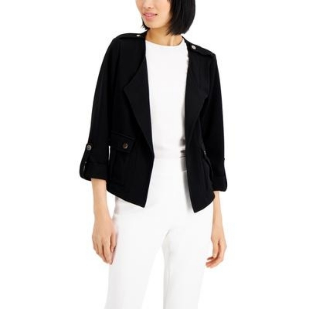 Women's Black Blazer Kasper Wing-Collar Cardigan Jacket  Black M